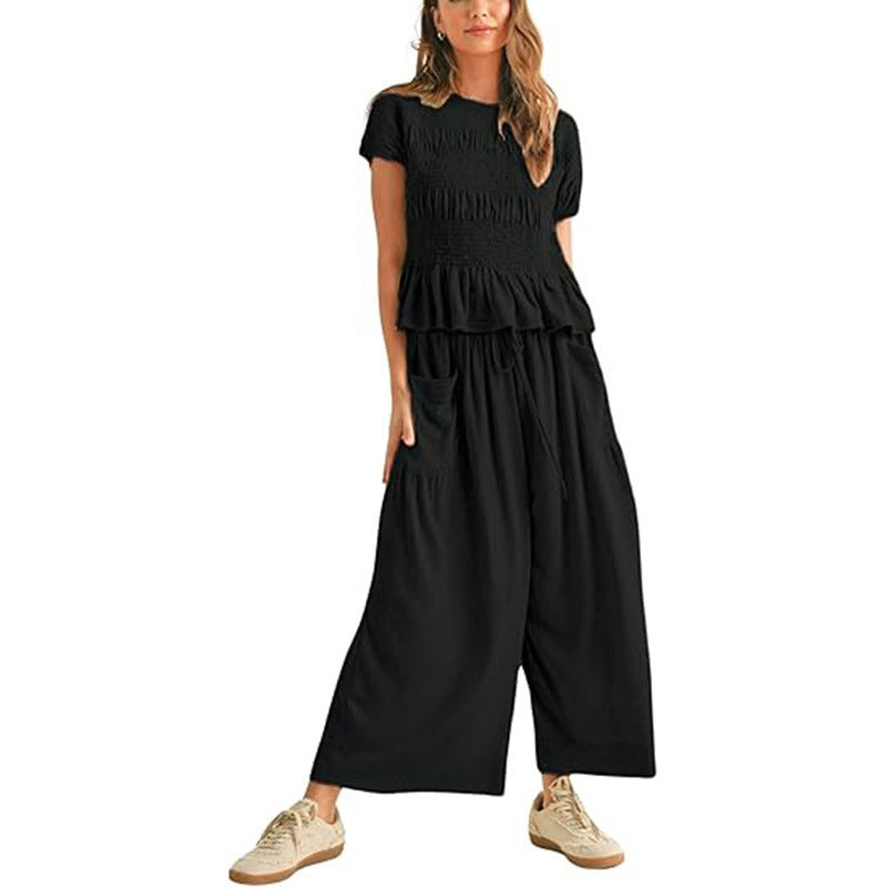 Sleeveless Top & Pleated High-Waist Wide-Leg Pants Set - Black