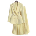 Button Patchwork Long Sleeve Coat & Skirt Set - Yellow