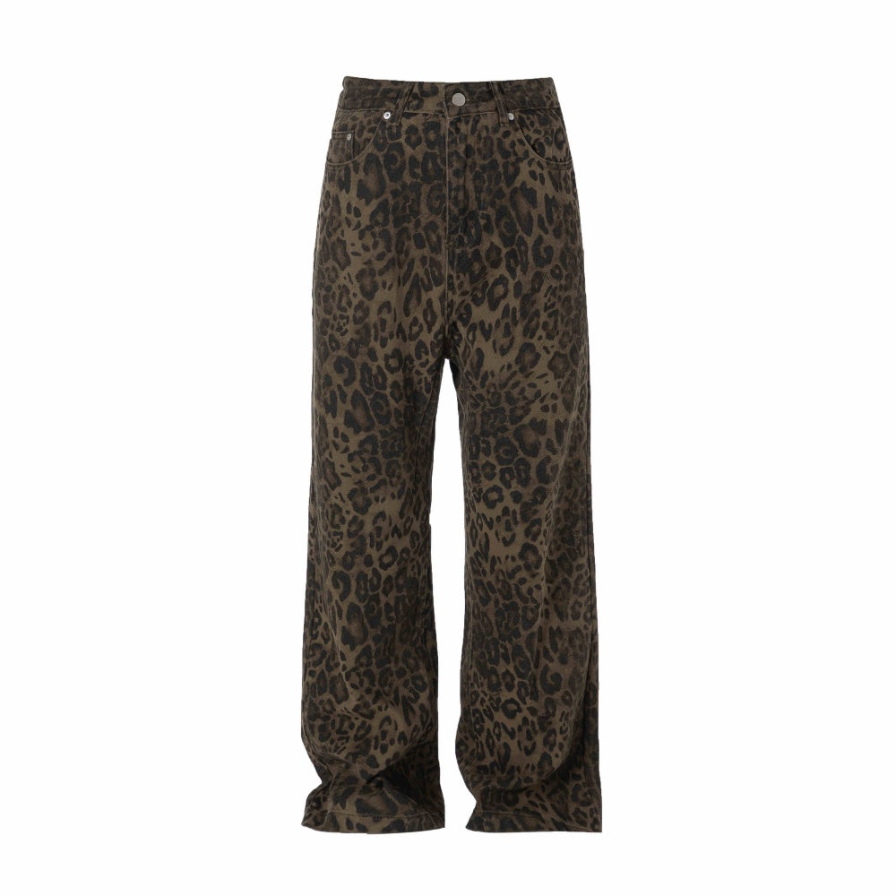 Vintage Leopard Print Mid Waist Straight Jeans