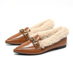 Pointed Toe Square Buckle Fluffy Low Heel Loafers