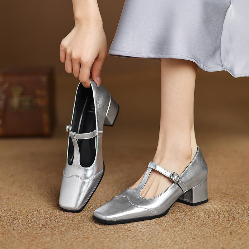 Chunky Mid-Heel Square Toe Pumps