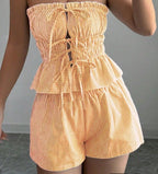 Striped Ruffle Crop Top & Elastic Waist Shorts Set - Yellow