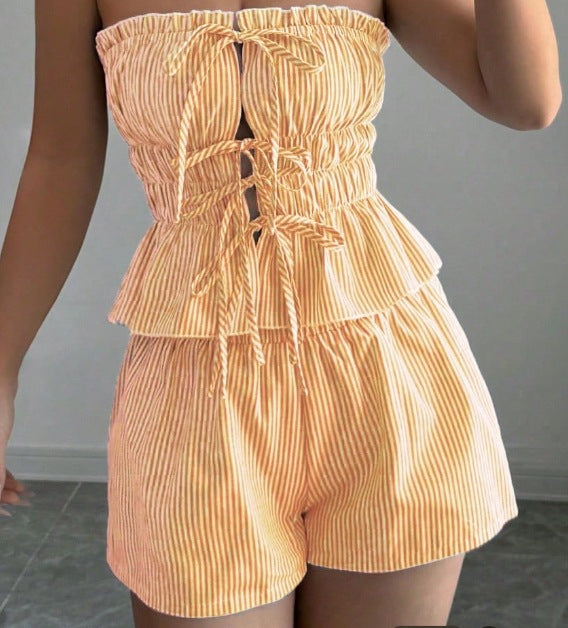 Striped Ruffle Crop Top & Elastic Waist Shorts Set - Yellow