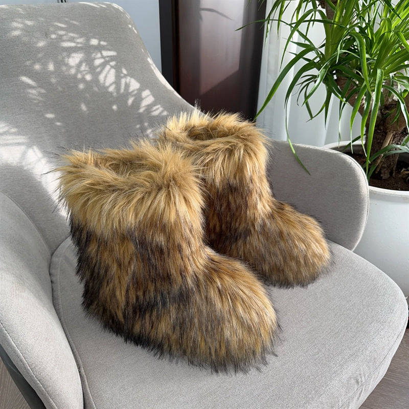 Faux Raccoon Fur Fluffy Short Snow Boots