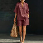 Batwing Sleeve Top & Cropped Shorts Beach Set - Purplish Red