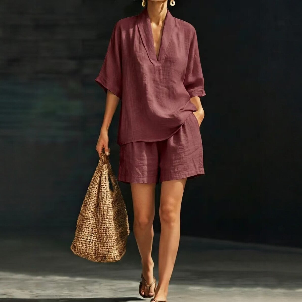 Batwing Sleeve Top & Cropped Shorts Beach Set - Purplish Red
