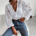 Lace Hollow-Out Patchwork Long Sleeve Top - White