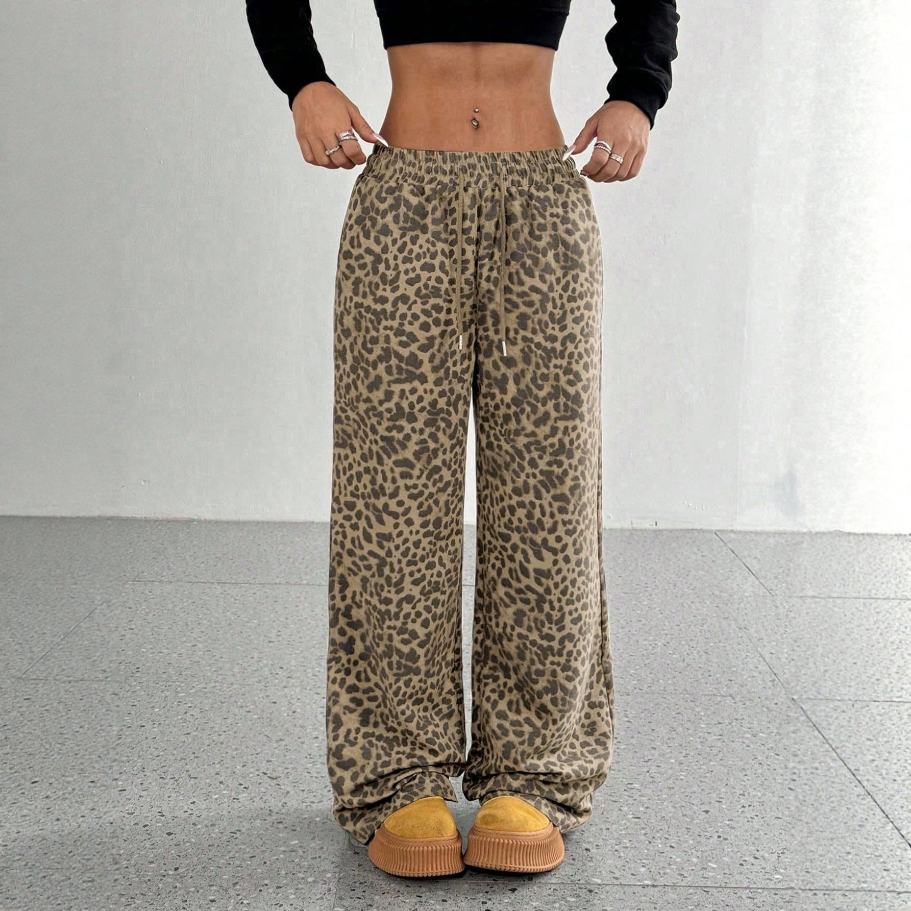 Leopard Print Loose Straight Leg Casual Trousers
