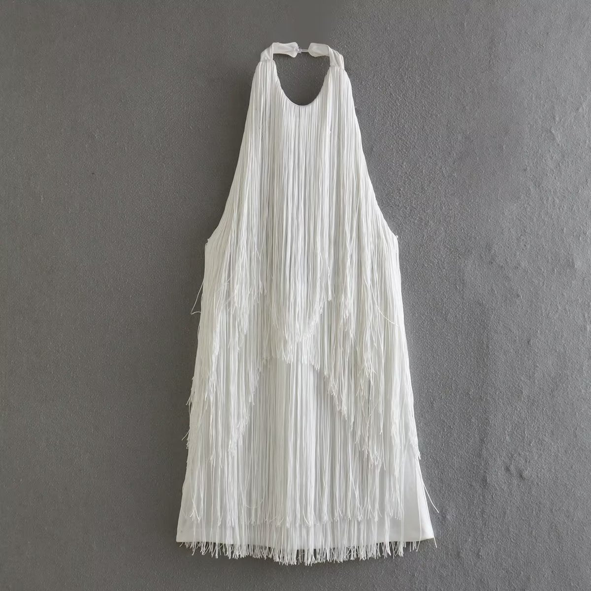 Halter Sleeveless Tassel Hem Mini Dress - White