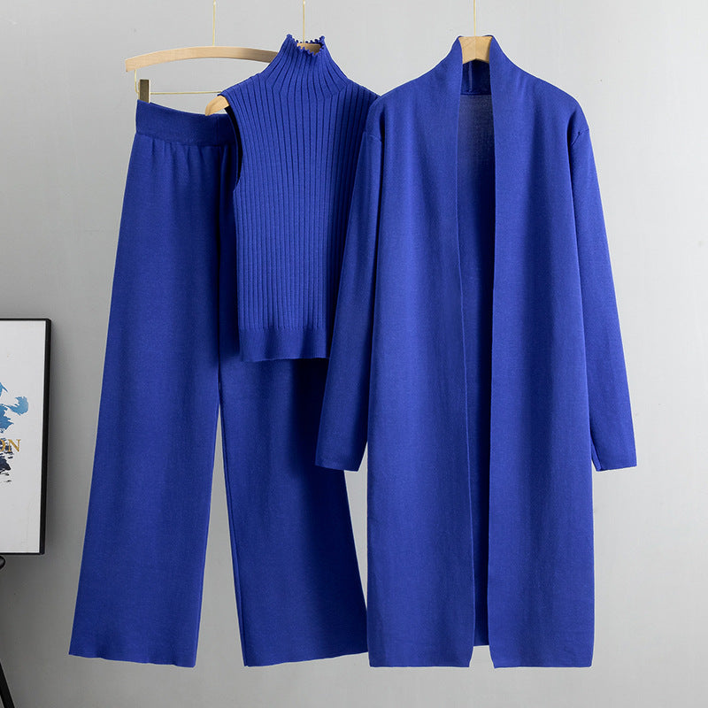 Knit Vest & Long Cardigan & Wide-Leg Pants 3-Piece Set - Blue
