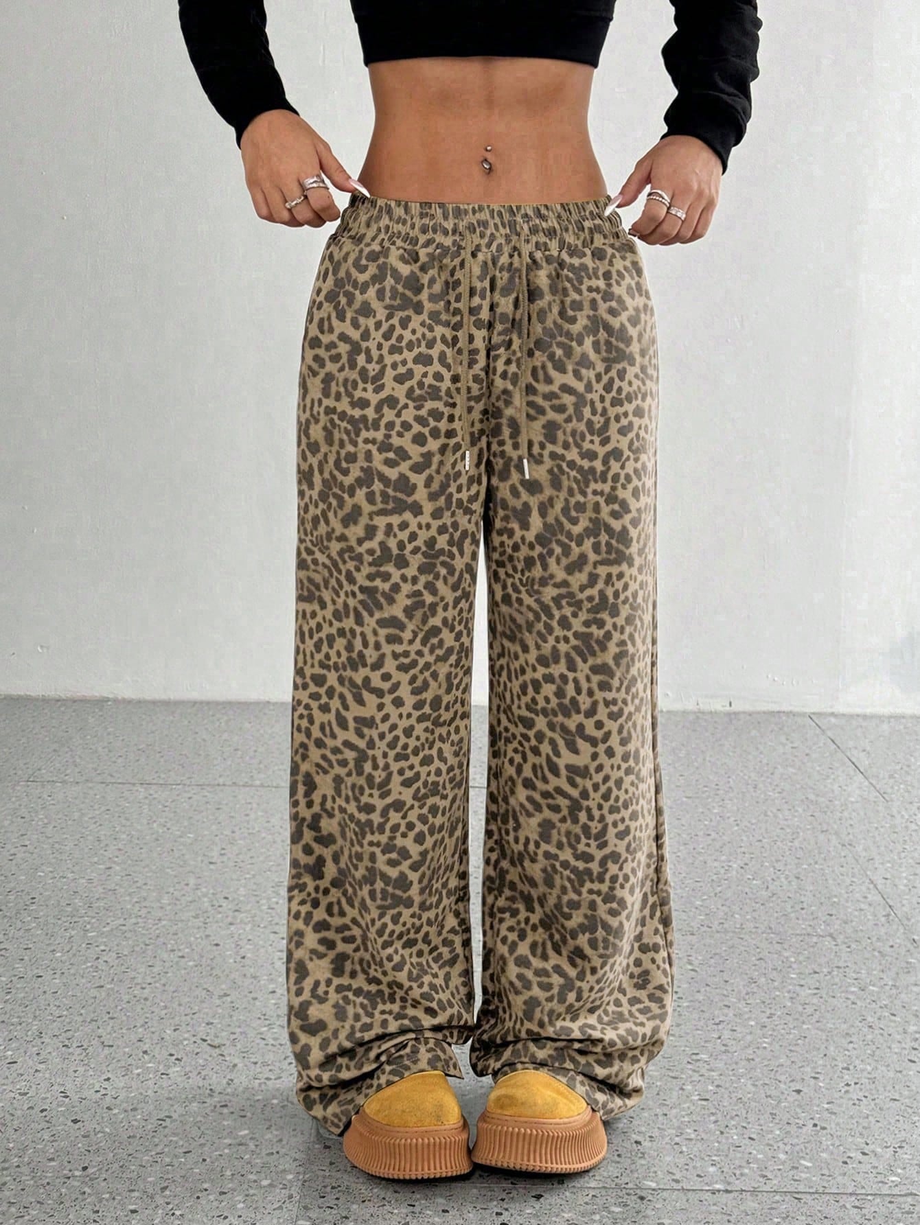 Leopard Print Loose Straight Leg Casual Trousers