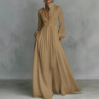 Women's Long Sleeve Pleated A-Line Dress - Khaki