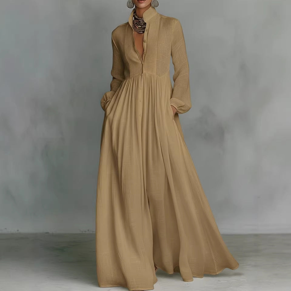 Women's Long Sleeve Pleated A-Line Dress - Khaki