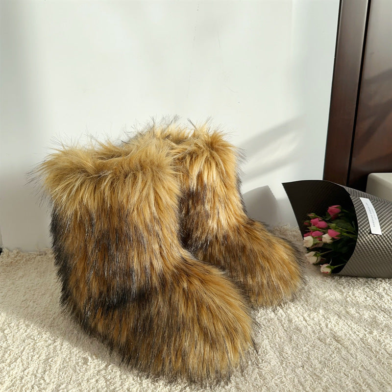 Faux Raccoon Fur Fluffy Short Snow Boots