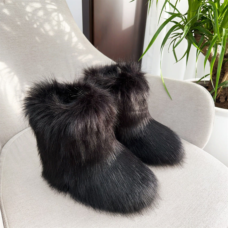 Faux Raccoon Fur Fluffy Short Snow Boots