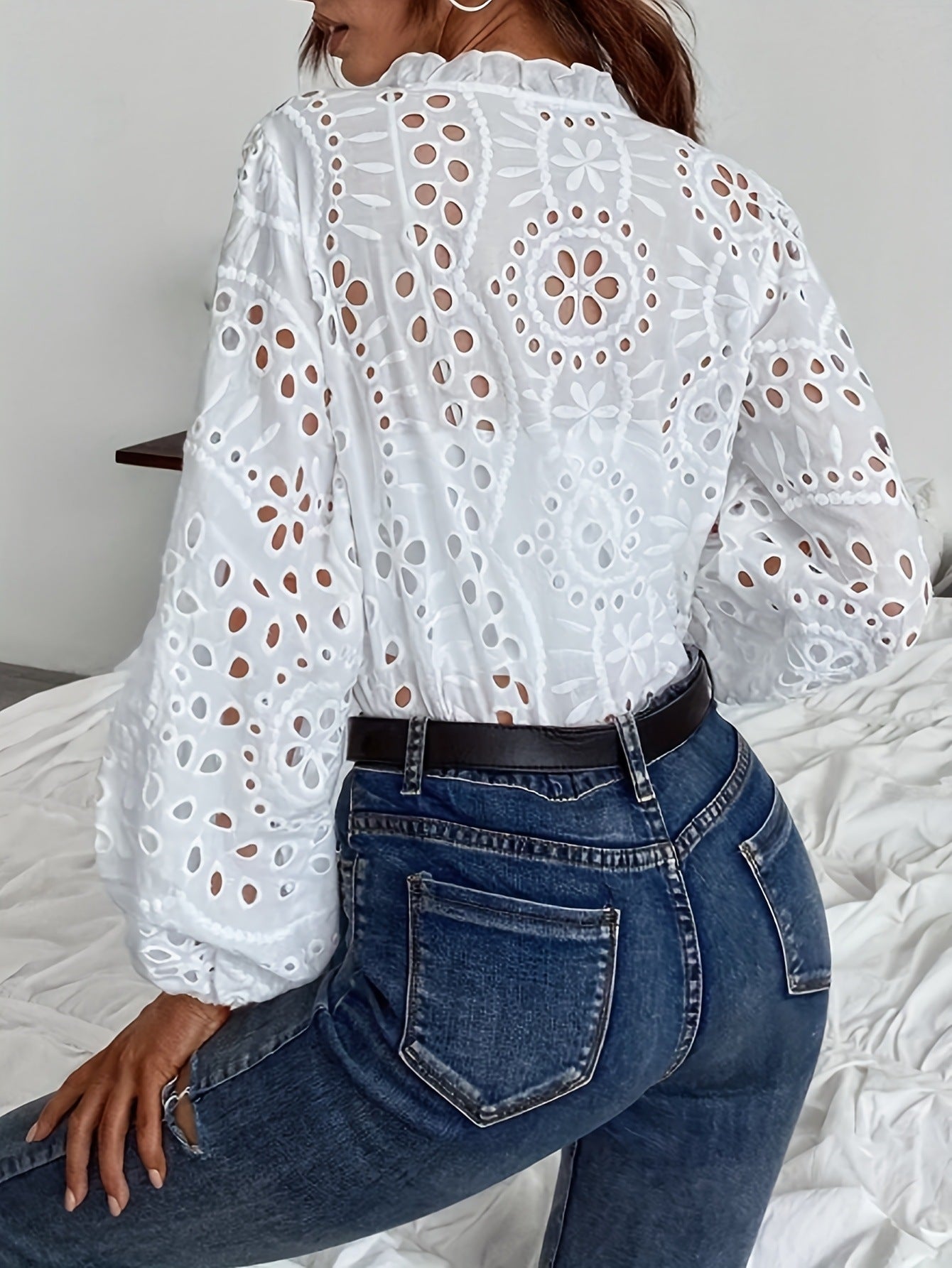 Lace Hollow-Out Patchwork Long Sleeve Top - White