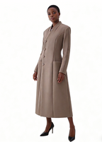 Faux Fur Collar Shoulder-Padded Waist-Cinching Long Wool Coat - Printed