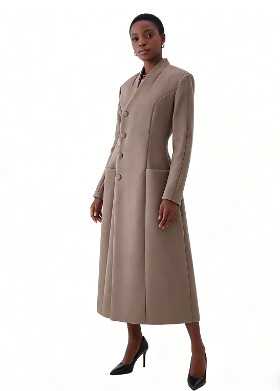 Faux Fur Collar Shoulder-Padded Waist-Cinching Long Wool Coat - Printed