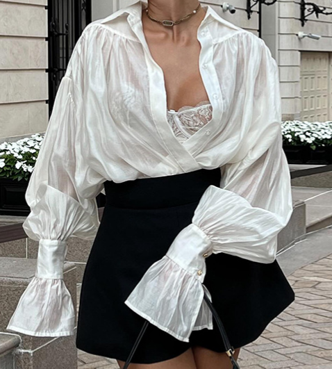 Lantern Sleeve Loose Button Cardigan Shirt Top - White