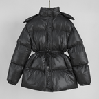 Hooded Drawstring Slim Zip-Up Cotton-Padded Coat - Black
