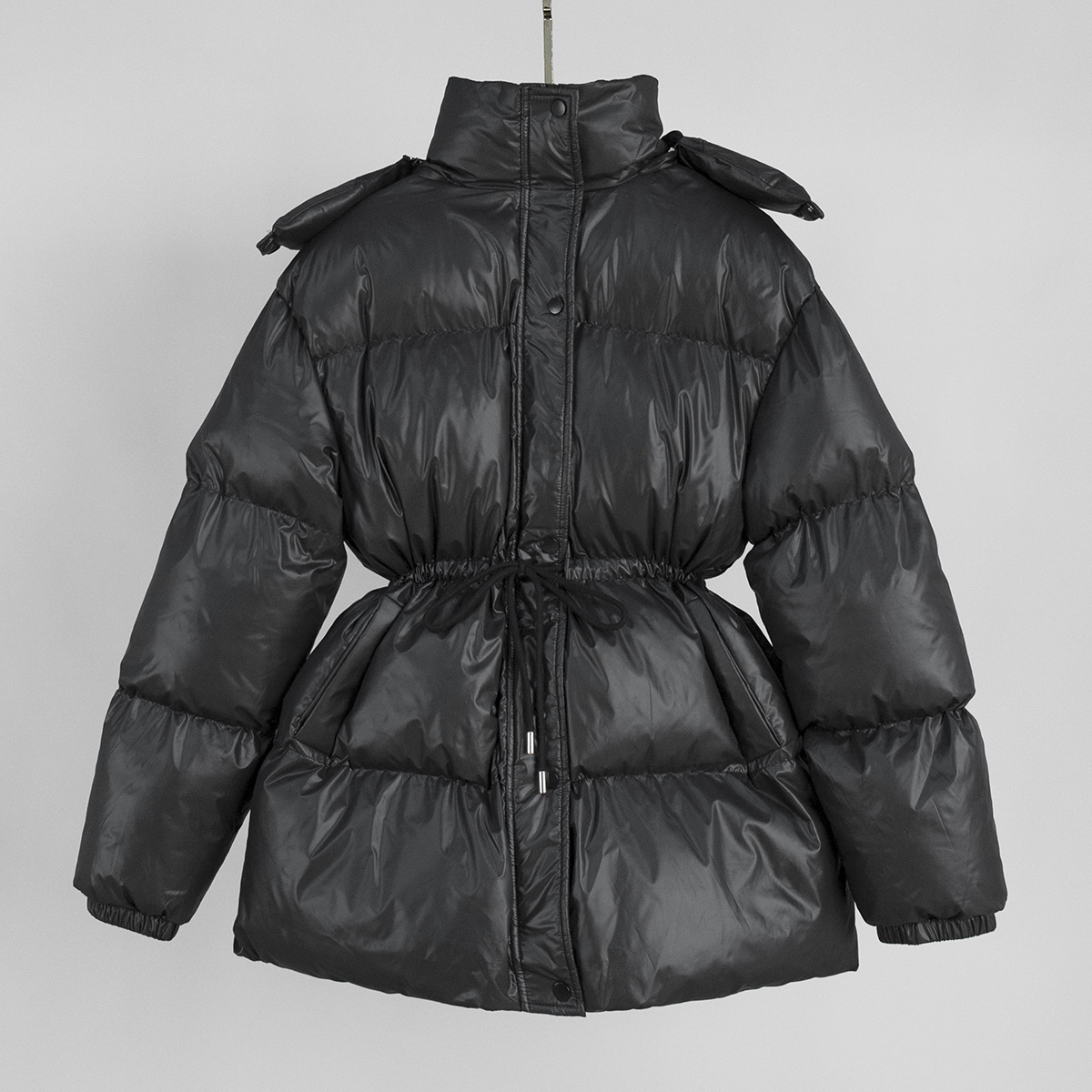 Hooded Drawstring Slim Zip-Up Cotton-Padded Coat - Black