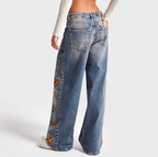High-Waist Washed Embroidered Loose Straight Jeans - Blue