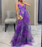 Mesh Print Sleeveless Slip Dress - Purple