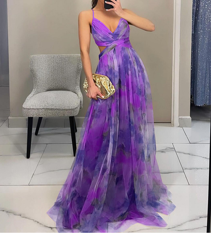Mesh Print Sleeveless Slip Dress - Purple