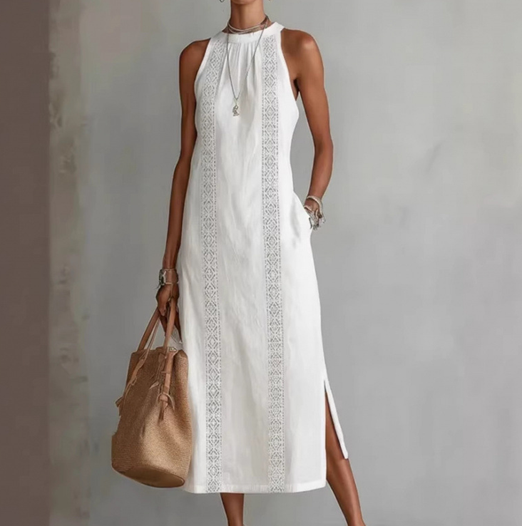 Women's Lace Patchwork Sleeveless Midi Dress -White