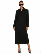 Faux Fur Collar Shoulder-Padded Waist-Cinching Long Wool Coat - Black