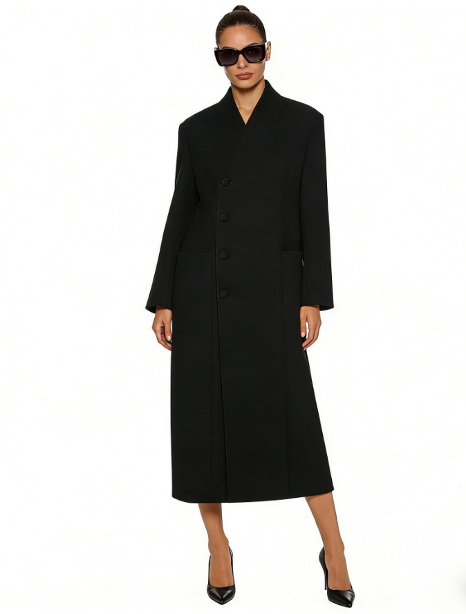 Faux Fur Collar Shoulder-Padded Waist-Cinching Long Wool Coat - Black