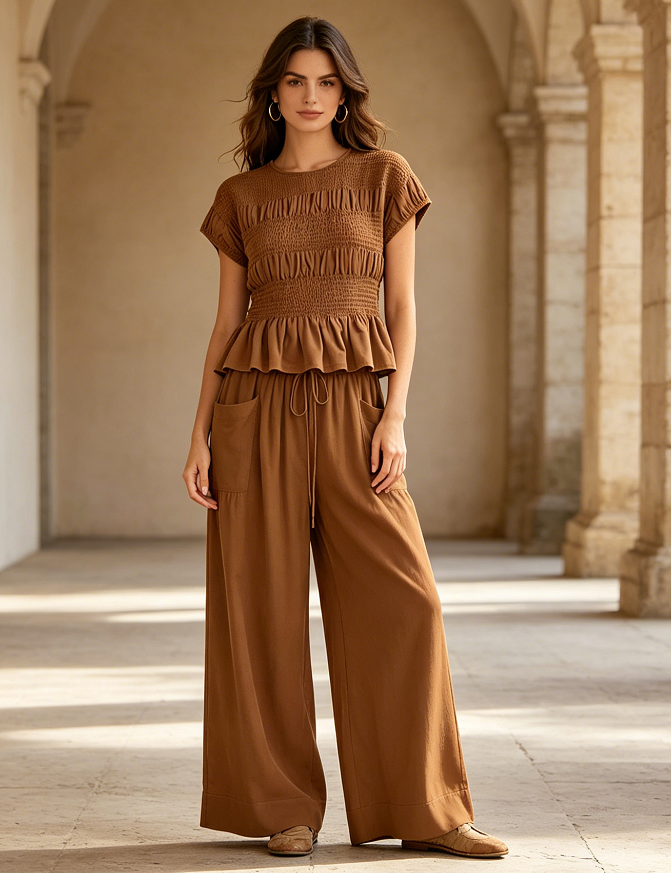 Sleeveless Top & Pleated High-Waist Wide-Leg Pants Set - Brown