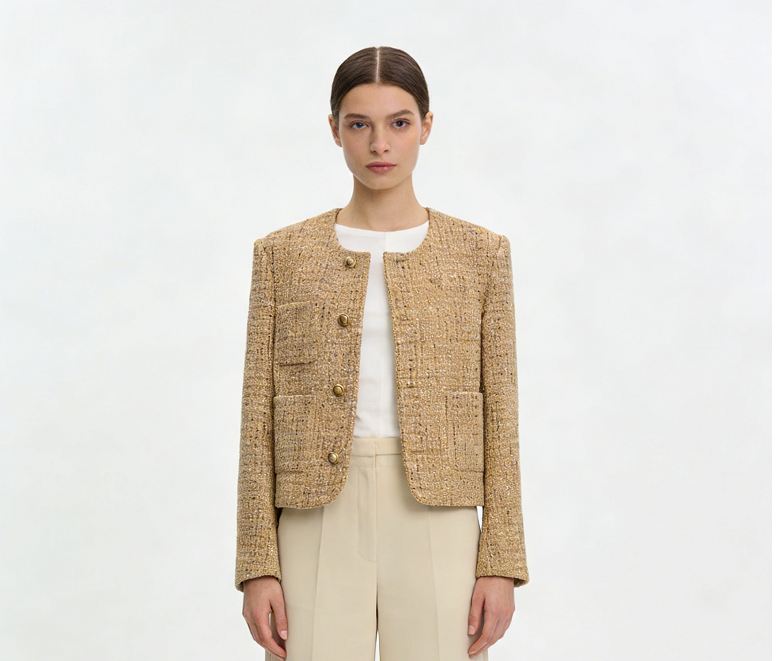 Patchwork Pocket Long Sleeve Short Coat - Beige