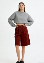 Red Corduroy Pleated Wide-Leg Cropped Pants - Red