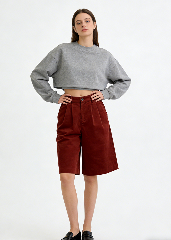 Red Corduroy Pleated Wide-Leg Cropped Pants - Red