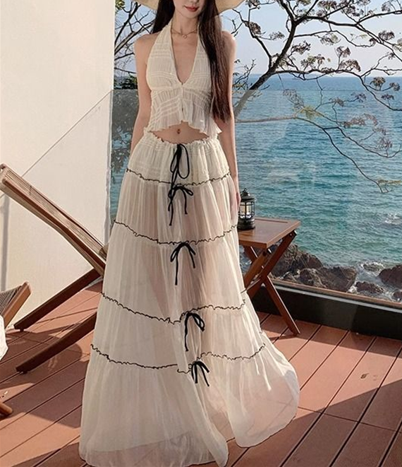 Women's Backless Lace Up Off-Shoulder Two-Piece Suit in White - High Waist Pleated Long Skirt Set