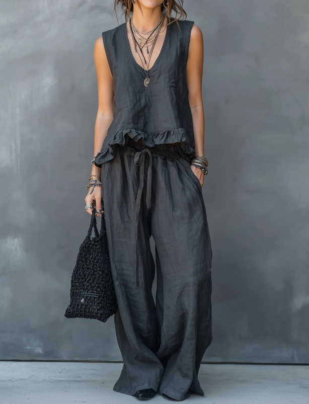 V-Neck Sleeveless Ruffle Hem Top & Wide-Leg Pants Set - Dark Gray