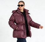 Hooded Drawstring Slim Zip-Up Cotton-Padded Coat - Wine Red