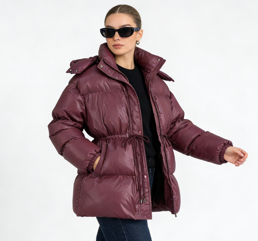 Hooded Drawstring Slim Zip-Up Cotton-Padded Coat - Wine Red