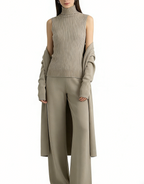 Knit Vest & Long Cardigan & Wide-Leg Pants 3-Piece Set