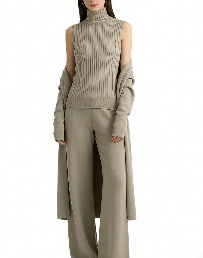 Knit Vest & Long Cardigan & Wide-Leg Pants 3-Piece Set