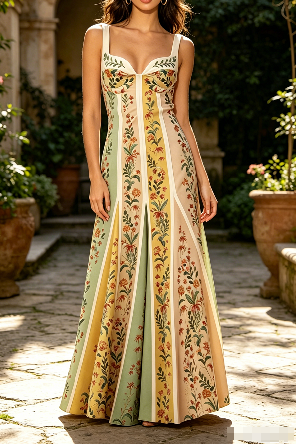 Vintage Print High-Waist A-Line Maxi Dress - Print