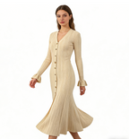 V-neck Single Breasted Bell Sleeve Slim Fit Dress