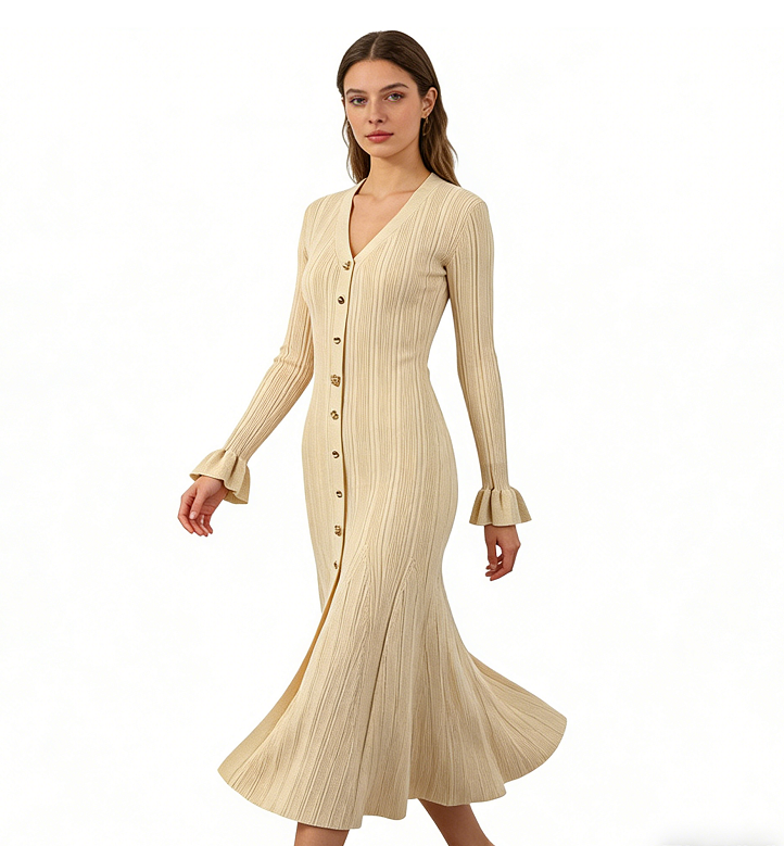 V-neck Single Breasted Bell Sleeve Slim Fit Dress
