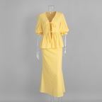 Puff Sleeve Lace-Up Top & Pleated Maxi Skirt Set - Yellow