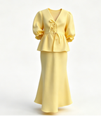 Puff Sleeve Lace-Up Top & Pleated Maxi Skirt Set - Yellow
