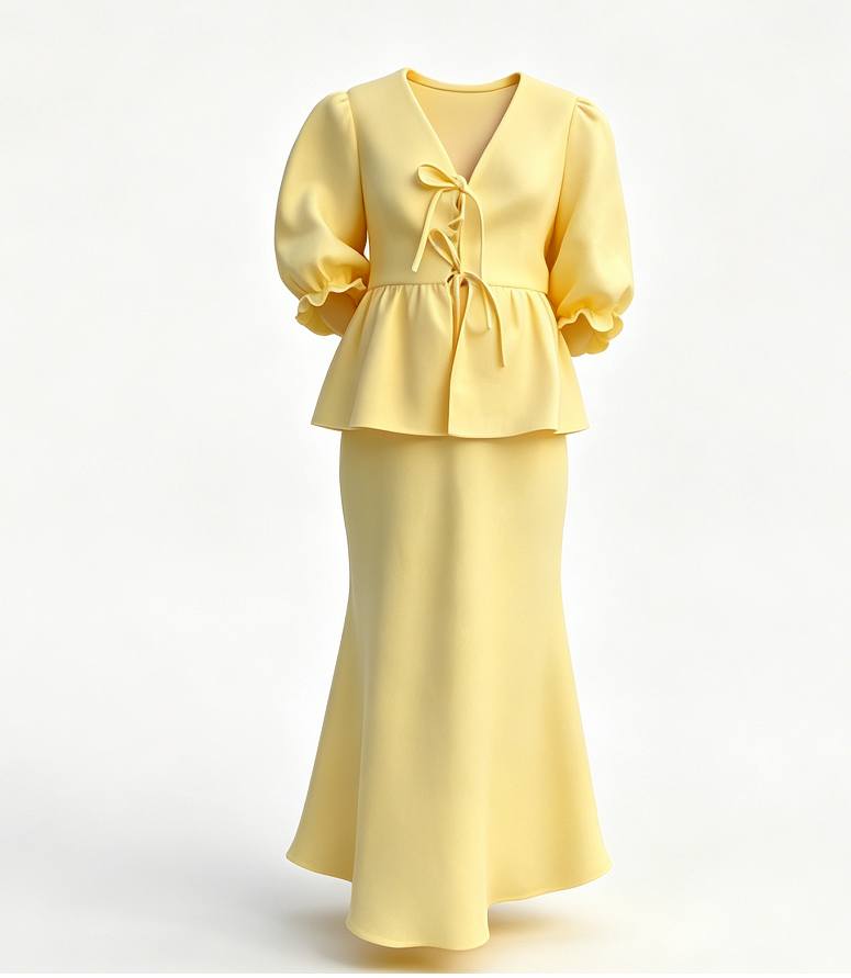 Puff Sleeve Lace-Up Top & Pleated Maxi Skirt Set - Yellow
