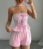 Striped Ruffle Crop Top & Elastic Waist Shorts Set - Pink