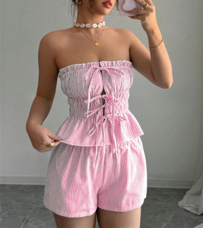 Striped Ruffle Crop Top & Elastic Waist Shorts Set - Pink