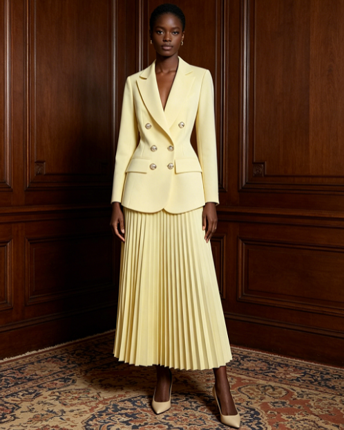 Button Patchwork Long Sleeve Coat & Skirt Set - Yellow